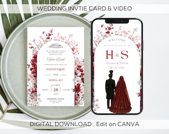 Editable Digital Muslim Wedding Invitation Template, Animated Nikkah Invitation, Red Floral Wedding Invite, Baraat Red Wedding Card