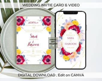 Editable Digital Islamic Wedding Invitation Template, Animated Nikkah Shaadi Baraat eInvite, Muslim Wedding Card, Digital Wedding Invite