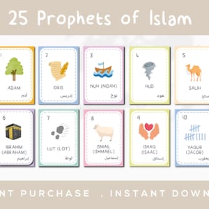 Könnte beinhalten: Zehn illustrierte Karten aus einer größeren Sammlung, die jeweils einen Propheten des Islam darstellen. Die Karten haben farbige Ränder und enthalten arabische Schriftzeichen und englischen Text. Der Titel "25 Propheten des Islam" steht oben.