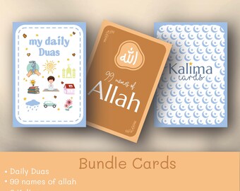 Islamic Flashcards Bundle, 99 Names of Allah, Daily Duas, 6 Kalimas, Asma Ul Husna, Muslim Gift, Islamic Learning Cards