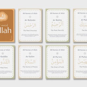 May include: A collection of cards featuring the 99 Names of Allah in Arabic script with English translations. The cards have a neutral color palette with text in a serif font. The top card displays the word "Allah" in Arabic.