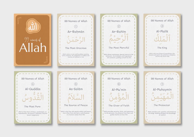 May include: A collection of cards featuring the 99 Names of Allah in Arabic script with English translations. The cards have a neutral color palette with text in a serif font. The top card displays the word "Allah" in Arabic.