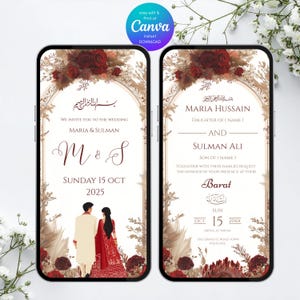 Może przedstawiać: Cyfrowe zaproszenie ślubne wyświetlane na ekranie smartfona. Projekt zawiera elementy kwiatowe, kaligrafię oraz imiona Maria i Sulman. Data to 15 października 2025. Widoczne jest logo Canva.