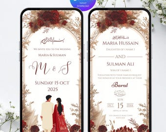 Digitale muslimische Hochzeitseinladungs-Vorlage | Bearbeitbar Nikkah Baraat Einladen | Elegantes islamisches Blumenmuster | Elektronische Hochzeit-E-Card