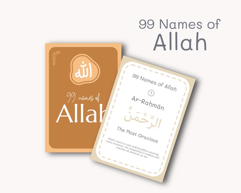 May include: Two cards with the text "99 Names of Allah". One card is tan with the word "Allah" in Arabic and English. The other card is white with the first name "Ar-Rahman" in Arabic and English.