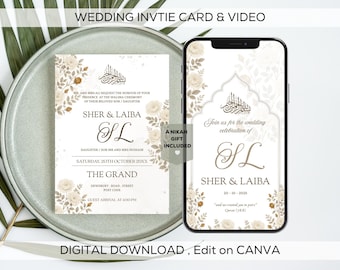Editable Digital Islamic Wedding Invitation Template, Animated Nikkah Shaadi Baraat eInvite, Muslim Wedding Card, Digital Wedding Invite