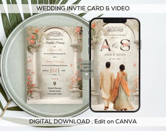 Editable Digital Muslim Wedding Invitation Template, Animated Nikkah Invitation, Peach and Pink Arch Wedding Invite, Elegant Wedding Card