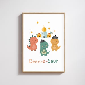 May include: A framed print with three cartoon dinosaurs in orange, green, and yellow, each wearing a hat. Above them is a mosque with a golden dome and stars. The text "Deen-o-Saur" is written below the dinosaurs in orange and green.