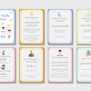 May include: Set of eight colorful flashcards with rounded corners, each featuring Islamic prayers in Arabic script and English translations. The cards cover topics like morning prayers, sleep, and entering the mosque. The cards have illustrations.