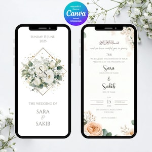May include: Two smartphone screens displaying wedding invitation designs. The left screen shows a floral arrangement with the initials "SS" inside a gold geometric shape. The right screen features Arabic script and event details.