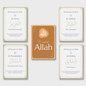 May include: A collection of cards featuring the 99 Names of Allah. The cards are in shades of beige and brown, with Arabic calligraphy and English translations. The central card displays the phrase "99 names of Allah".