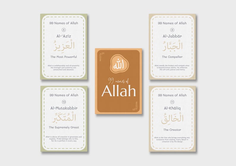 May include: A collection of cards featuring the 99 Names of Allah. The cards are in shades of beige and brown, with Arabic calligraphy and English translations. The central card displays the phrase "99 names of Allah".