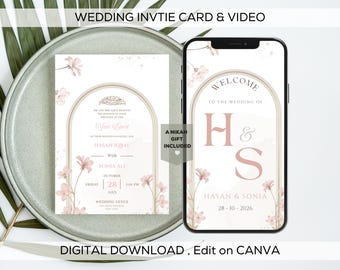 Editable Digital Islamic Wedding Invitation Template, Animated Nikkah Shaadi Baraat eInvite, Pink Muslim Wedding Card, Arch Wedding Invite