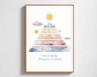5 Daily Prayers in Islam Printable | Islamic Kids Wall Art | Muslim Nursery Decor | Salah Times Chart | Fajr Dhuhr Asr Maghrib Isha