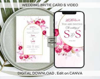 Editable Digital Islamic Wedding Invitation Template, Animated Nikkah Shaadi Baraat eInvite, Muslim Wedding Card, Digital Wedding Invite