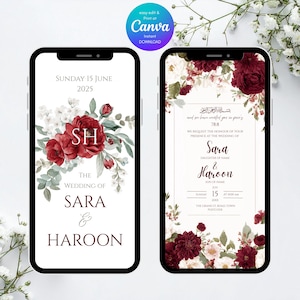 Pode incluir: Duas telas de smartphone exibindo designs de convites de casamento. Uma apresenta flores bordô, as iniciais "SH" e o texto "The Wedding of Sara & Haroon". A outra mostra um design floral semelhante com texto árabe e detalhes do casamento.