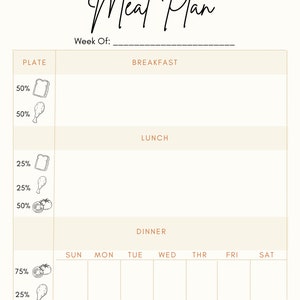 May include: A printable weekly meal planner with a beige background and brown text. The planner is divided into four sections: breakfast, lunch, dinner, and snacks. Each section has a space for the day of the week and a space for the meal. The planner also includes a plate with a percentage breakdown of the different food groups.