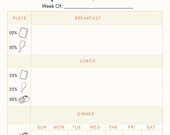 May include: A printable weekly meal planner with a beige background and brown text. The planner is divided into four sections: breakfast, lunch, dinner, and snacks. Each section has a space for the day of the week and a space for the meal. The planner also includes a plate with a percentage breakdown of the different food groups.