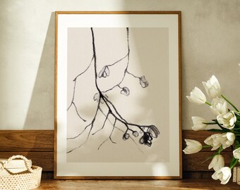 Neutral Colour Botanical Wall Art Muted Aesthetic Black and Beige Drawing Minimalist Printable Floral Digital Print Hand Drawn Branch Sketch