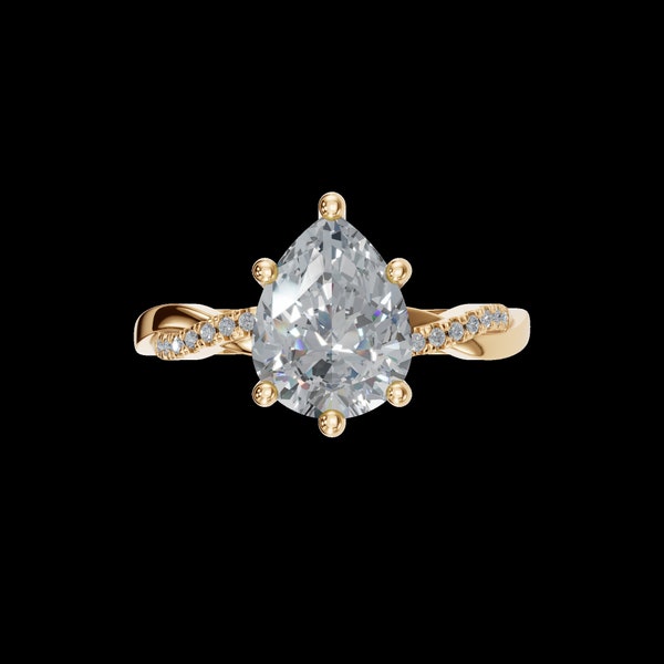 2ct Pear Cut Lab Grown Diamond Ring, 14k Solid Gold Diamond Twist Ring, Engagement Ring, Petite Twist Ring, Handmade Fine Jewelry