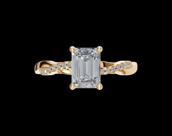 1ct Emerald Cut Lab Grown Diamond Ring, 14k Solid Gold Diamond Twist Ring, Engagement Ring, Petite Twist Ring, Handmade Fine Jewelry