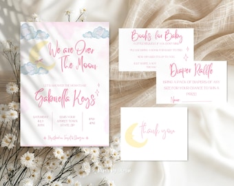May include: Pink and white baby shower invitation set with the text "We are Over The Moon" and "Gabriella Keys". Includes cards for books, diaper raffle, and thank you notes. Features a moon and cloud design.