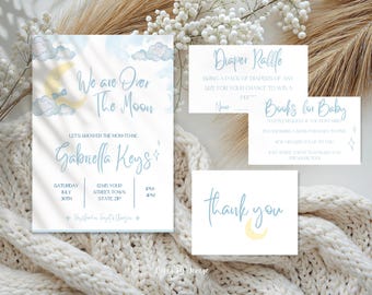 Over The Moon Baby Shower Invitation Bundle, Editable Template, Digital Download, Printable, Stars, baby boy, personalized, canva, celestial