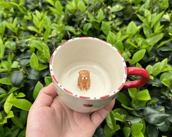 Mignonne tasse en céramique faite main de chien jaune, cadeau d'anniversaire pour les propriétaires d'animal de compagnie, tasse à café en céramique, tasse de cappuccino de chiot, cadeau de fête des mères