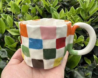 Handmade Rainbow Checkered Mug, Rainbow Checkered Coffee Cup, Housewarming Gift, Birthday Gift, Mother's Day Gift, Father's Day Gift