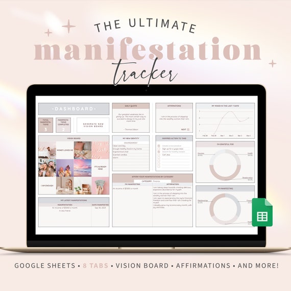 Manifestation Tracker Google Sheets Digital Daily Journal Manifesting Planner Affirmations Vision Board Gratitude Goal Log Habit Tracker BE1