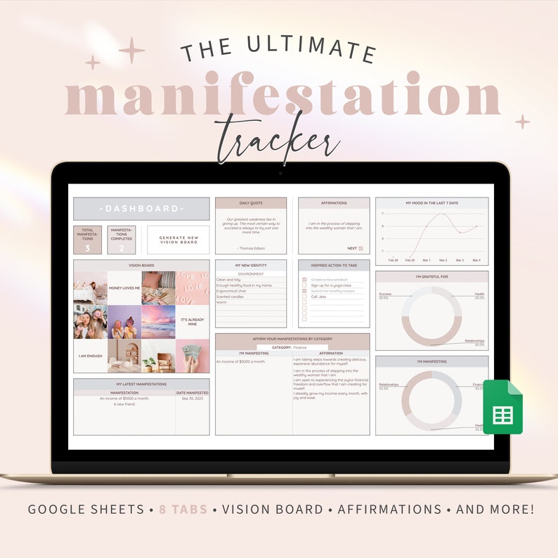 Op de afbeelding: Een laptopscherm dat een Google Sheet-spreadsheet weergeeft met een roze en grijze kleurschema. De spreadsheet heeft de titel "The Ultimate Manifestation Tracker" en bevat tabbladen voor "Dashboard", "Vision Board", "Affirmations" en "My Latest Manifestations".