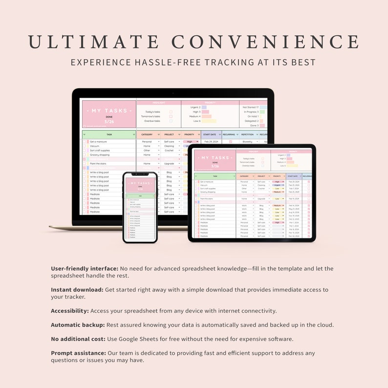 Pu&ograve; includere: Un'illustrazione digitale di tre dispositivi che mostrano un foglio di calcolo con il titolo "I miei compiti" e uno schema di colori rosa e verde. Il foglio di calcolo include colonne per compito, categoria, progetto, priorit&agrave;, data di inizio, ricorrenza, ripetizione e note. Il testo "Comodit&agrave; definitiva" &egrave; visualizzato nella parte superiore dell'immagine, insieme al testo "Vivi il tracciamento senza problemi al suo meglio".