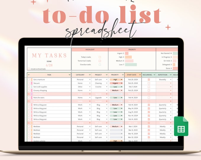 Task Tracker Google Sheets Spreadsheet | Digital To-do List Planner ...