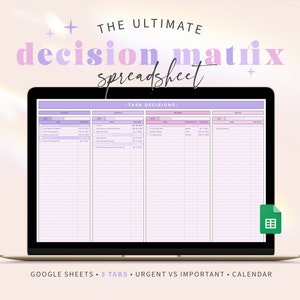Puede incluir: Una pantalla de computadora portátil que muestra una hoja de cálculo con el título "The Ultimate Decision Matrix Spreadsheet". La hoja de cálculo está dividida en tres columnas etiquetadas como "2/4", "1/4" y "VI". Cada columna tiene filas para tareas, fechas de vencimiento y otra información. La hoja de cálculo está diseñada para ayudar a los usuarios a organizar y priorizar sus tareas.