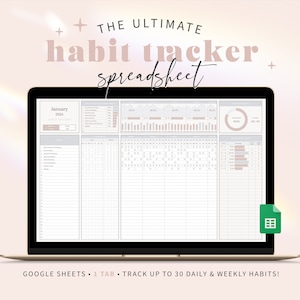 Puede incluir: Una pantalla de computadora portátil que muestra una hoja de cálculo de Google Sheets con una plantilla de seguimiento de hábitos. La hoja de cálculo está diseñada para realizar un seguimiento de hasta 30 hábitos diarios y semanales. La hoja de cálculo incluye un calendario, una barra de progreso y un gráfico. La hoja de cálculo se titula "The Ultimate Habit Tracker Spreadsheet".