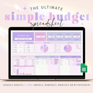 May include: A laptop screen displaying a purple and white budget spreadsheet template for Google Sheets. The spreadsheet includes sections for income, expenses, savings, and debt. The text on the screen reads "The Ultimate Simple Budget Spreadsheet" and "Budgeting - August 1, 2024 - August 31, 2024".