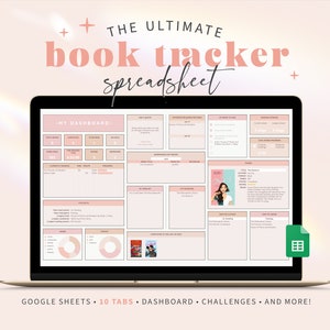 Puede incluir: Una pantalla de computadora portátil que muestra una hoja de cálculo rosa y blanca con el texto "THE ULTIMATE book tracker spreadsheet" en la parte superior. La hoja de cálculo está dividida en secciones con títulos como "Mi panel de control", "Mi lista de deseos", "Mi TBR", "Datos divertidos", "Libros prestados/prestados", "Completado en los últimos 30 días" y "Hallazgos". La hoja de cálculo está diseñada para ayudar a los usuarios a realizar un seguimiento de su progreso de lectura y organizar sus listas de libros.