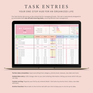 Pu&ograve; includere: Uno schermo di laptop che mostra un foglio di calcolo per la gestione delle attivit&agrave; con colonne per attivit&agrave;, categoria, progetto, priorit&agrave;, data di inizio, ricorrenza, ripetizione e ricorrenza. Il foglio di calcolo &egrave; intitolato "Le mie attivit&agrave;" e ha una barra di avanzamento che indica che 3 attivit&agrave; su 26 sono state completate. Il foglio di calcolo &egrave; progettato per aiutare gli utenti a organizzare le proprie attivit&agrave; e monitorare i propri progressi.