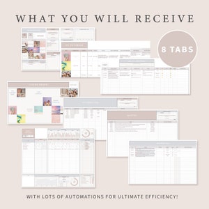 Op de afbeelding: Een set van acht printbare digitale plannertabbladen in een roze en grijze kleurstelling. De tabbladen omvatten "Dashboard", "Vision Board", "Mijn database", "Dagboek", "Affirmaties", "Citaten", "Gewoontestracker" en "Resources".