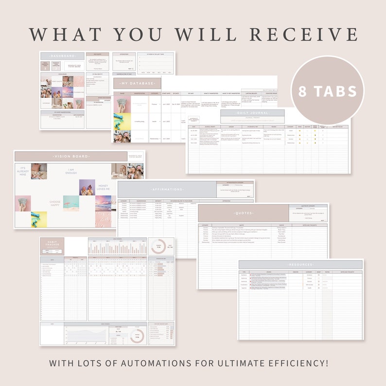 Op de afbeelding: Een set van acht printbare digitale plannertabbladen in een roze en grijze kleurstelling. De tabbladen omvatten "Dashboard", "Vision Board", "Mijn database", "Dagboek", "Affirmaties", "Citaten", "Gewoontestracker" en "Resources".