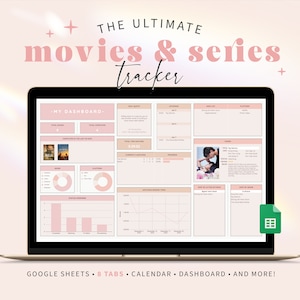 Puede incluir: Una pantalla de computadora portátil que muestra una hoja de cálculo de Google Sheets con un esquema de color rosa y blanco. La hoja de cálculo se titula "The Ultimate Movies & Series Tracker" e incluye pestañas para "Mi Panel de Control", "Lista de Seguimiento", "Páginas", "Coincidencia Actual", "Progreso", "Descripción General del Estado", "Tiempos de Sesión de Coincidencia", "Ordenar por Actor" y "Ordenar por Género".