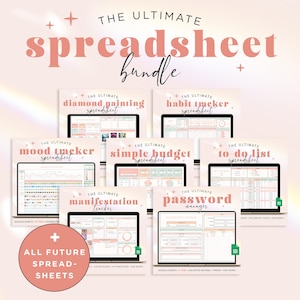 Puede incluir: Una colección de plantillas de hojas de cálculo digitales para la organización personal y la productividad. Las plantillas incluyen una hoja de cálculo de pintura de diamantes, un rastreador de hábitos, un rastreador de estado de ánimo, un presupuesto simple, una lista de tareas, un rastreador de manifestaciones y un administrador de contraseñas. El texto "The Ultimate Spreadsheet Bundle" está en la parte superior de la imagen.