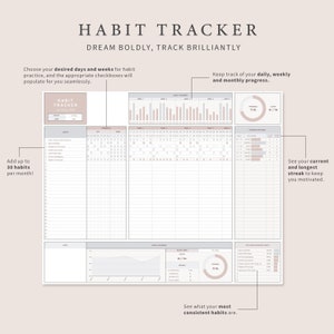 Op de afbeelding: Een printbare gewoontetracker met een lichtroze en grijs kleurenschema. De tracker bevat secties voor dagelijkse, wekelijkse en maandelijkse voortgang, evenals een sectie om je langste streak bij te houden. De tekst "HABIT TRACKER" staat bovenaan de pagina, en de tekst "DREAM BOLDLY, TRACK BRILLIANTLY" staat eronder.