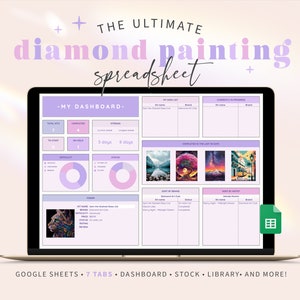 Diamond Painting Log Book Spreadsheet for Google Sheets | Diamond Painting Kit Collection Planner, Purple Diamond Painting Hobby Tracker PU1