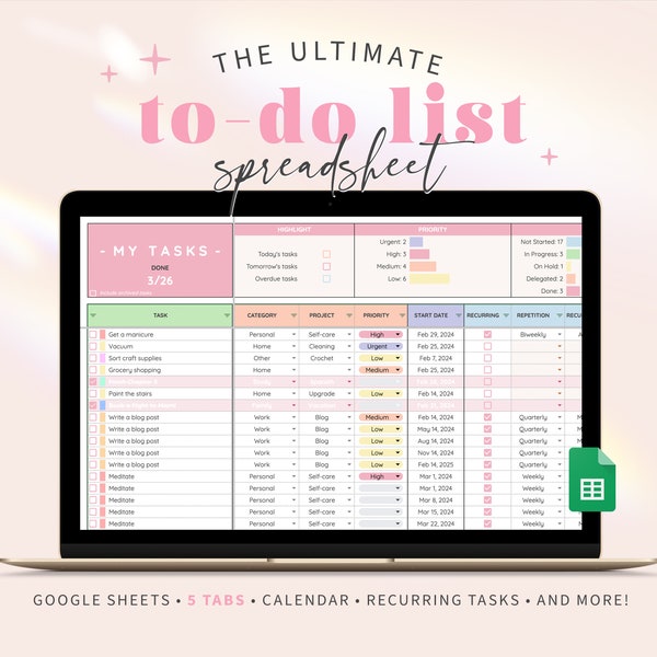 Task Tracker Google Sheets Spreadsheet | Digital To-Do List Planner Priority Productivity Sheet Rainbow Checklist Monthly Weekly Daily RB1