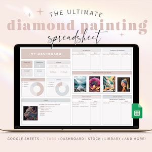 Puede incluir: Una captura de pantalla de una hoja de cálculo de Google con un panel de control para realizar un seguimiento de los proyectos de pintura de diamantes. El panel de control incluye secciones para el número total de kits, los kits completados, las rachas, para comenzar, en espera, dificultad, estado, un buscador, ordenar por marca y ordenar por artista. La hoja de cálculo también incluye imágenes de pinturas de diamantes.