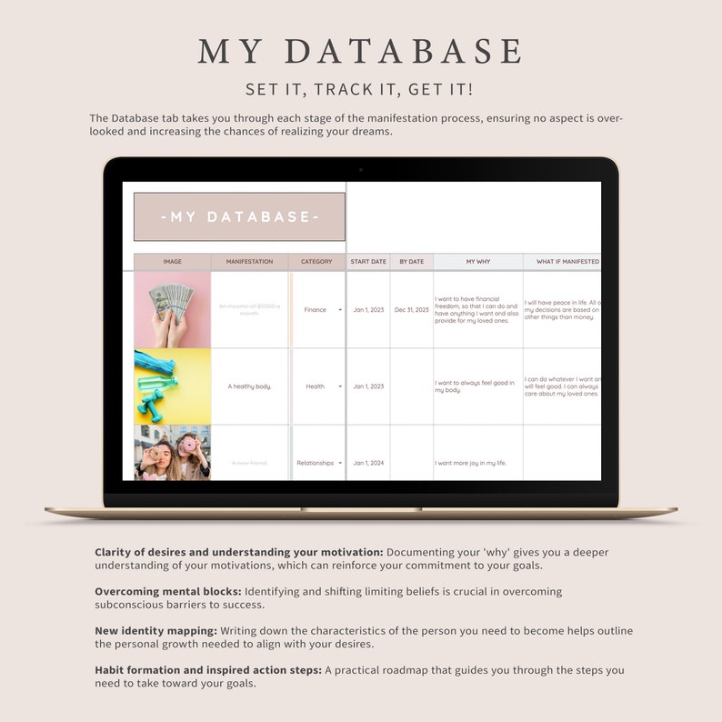 Op de afbeelding: Een laptopscherm met een tabel met de titel "Mijn database: Stel het in, volg het, haal het!" De tabel heeft kolommen voor afbeelding, manifestatie, categorie, startdatum, einddatum, mijn waarom en wat er gemanifesteerd is. De tabel is gevuld met voorbeelden van hoe je de database kunt gebruiken om doelen en manifestaties te volgen.
