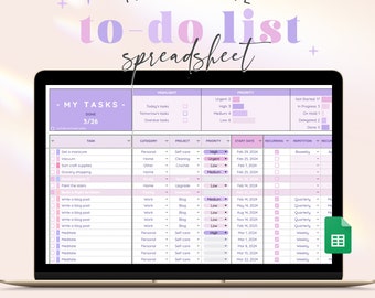 Task Tracker Spreadsheet for Google Sheets, Monthly Weekly Daily To-do List Digital Priority Productivity Planner Purple To Do Checklist PU1