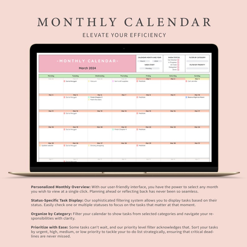 Pu&ograve; includere: Uno schermo di laptop che mostra un modello di calendario mensile con uno schema di colori rosa e pesca. Il calendario &egrave; intitolato "Calendario mensile" e presenta una sezione per "Panoramica mensile personalizzata", "Visualizzazione delle attivit&agrave; specifiche dello stato", "Organizza per categoria" e "Priorizza con facilit&agrave;".