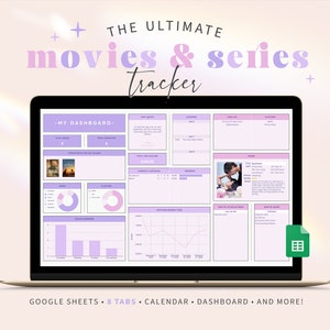 Może przedstawiać: Ekran laptopa wyświetlający arkusz kalkulacyjny Google Sheets w fioletowo-różowym schemacie kolorów. Arkusz kalkulacyjny nosi tytuł "The Ultimate Movies & Series Tracker" i zawiera zakładki dla "Moje Pulpit Nawigacyjny", "Codzienne Cytaty", "Nadchodzące", "Lista Życzeń", "Platforma", "Styl", "Moja Opinia", "Sortuj według Aktora/Aktorki" i "Sortuj według Gatunku".